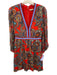 Alice + Olivia Size 4 Red, Blue & Multi Viscose Long Balloon Sleeve V Neck Dress Red, Blue & Multi / 4