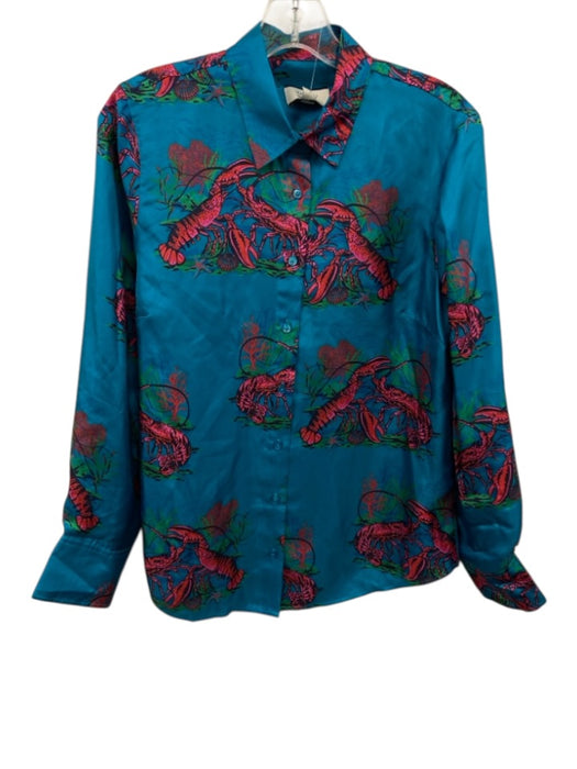 J Crew Collection Size 4 Blue, Red, Green Silk Long Sleeve Lobster Buttons Top Blue, Red, Green / 4