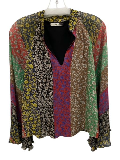 Alice + Olivia Size S Brown, Orange, Multi Viscose Long Sleeve Floral Print Top Brown, Orange, Multi / S