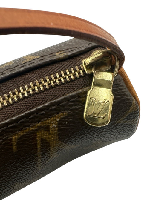 Louis Vuitton Brown & Tan Coated Canvas Leather trim Monogram Wrist Strap Bag Brown & Tan / Mini