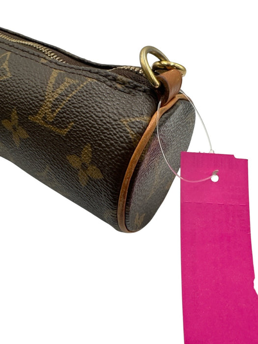 Louis Vuitton Brown & Tan Coated Canvas Leather trim Monogram Wrist Strap Bag Brown & Tan / Mini