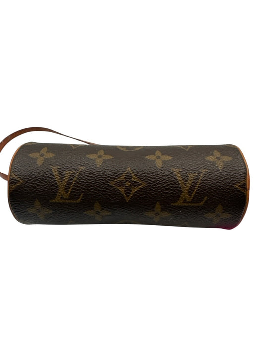 Louis Vuitton Brown & Tan Coated Canvas Leather trim Monogram Wrist Strap Bag Brown & Tan / Mini
