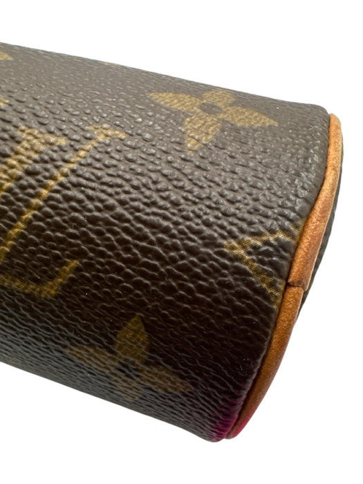 Louis Vuitton Brown & Tan Coated Canvas Leather trim Monogram Wrist Strap Bag Brown & Tan / Mini