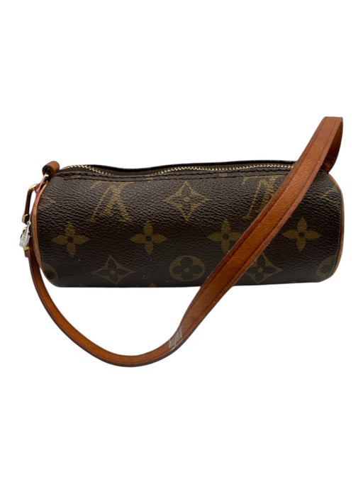 Louis Vuitton Brown & Tan Coated Canvas Leather trim Monogram Wrist Strap Bag Brown & Tan / Mini