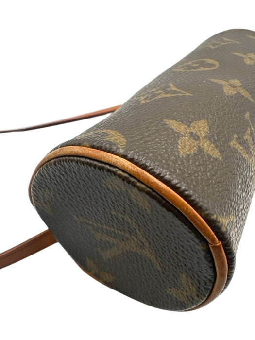 Louis Vuitton Brown & Tan Coated Canvas Leather trim Monogram Wrist Strap Bag Brown & Tan / Mini
