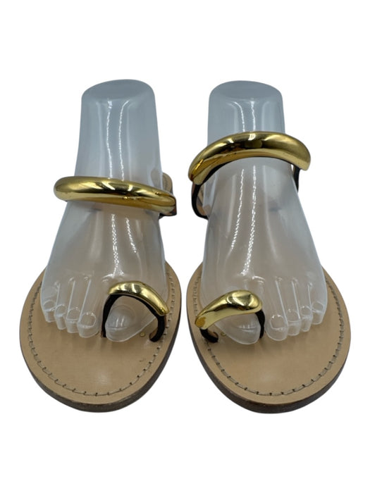 Amanu Shoe Size 41 Brown & Gold Tone Leather Upper Toe Strap Slingback Sandals Brown & Gold Tone / 41