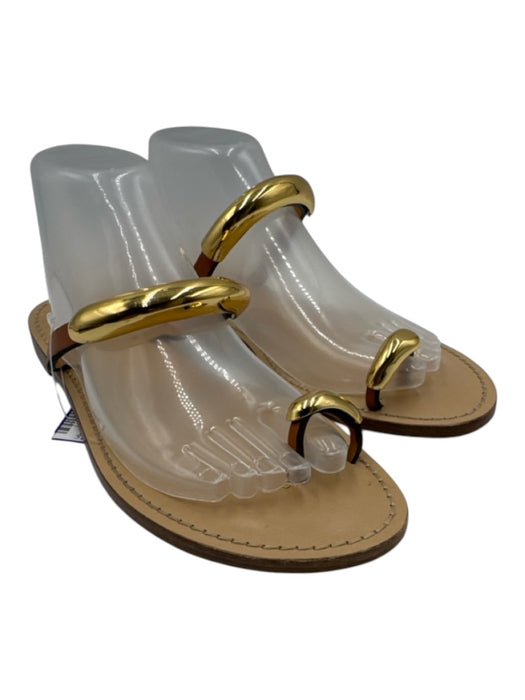 Amanu Shoe Size 41 Brown & Gold Tone Leather Upper Toe Strap Slingback Sandals Brown & Gold Tone / 41