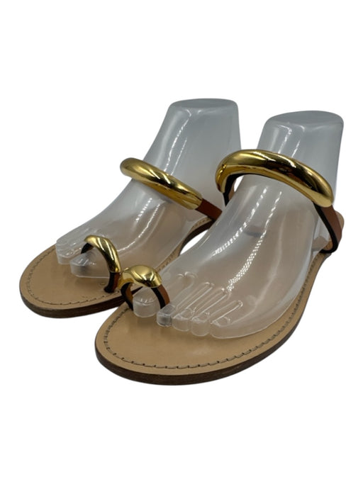 Amanu Shoe Size 41 Brown & Gold Tone Leather Upper Toe Strap Slingback Sandals Brown & Gold Tone / 41