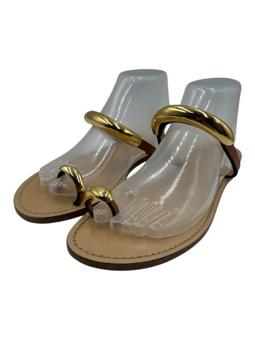 Amanu Shoe Size 41 Brown & Gold Tone Leather Upper Toe Strap Slingback Sandals Brown & Gold Tone / 41