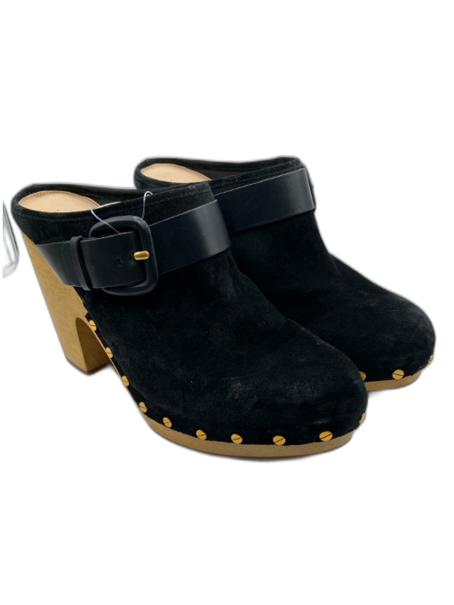 Veronica Beard Shoe Size 11M Black & Tan Suede & Wood Buckle Detail Clog Mules Black & Tan / 11M