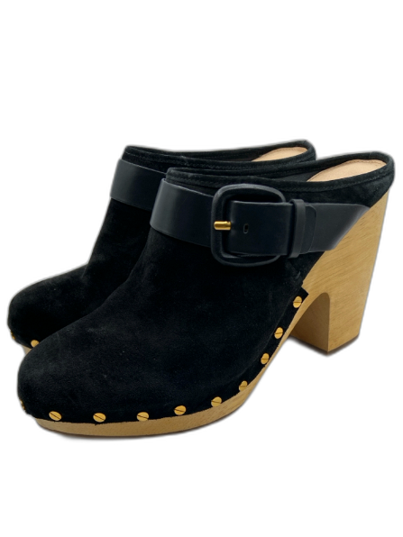 Veronica Beard Shoe Size 11M Black & Tan Suede & Wood Buckle Detail Clog Mules Black & Tan / 11M