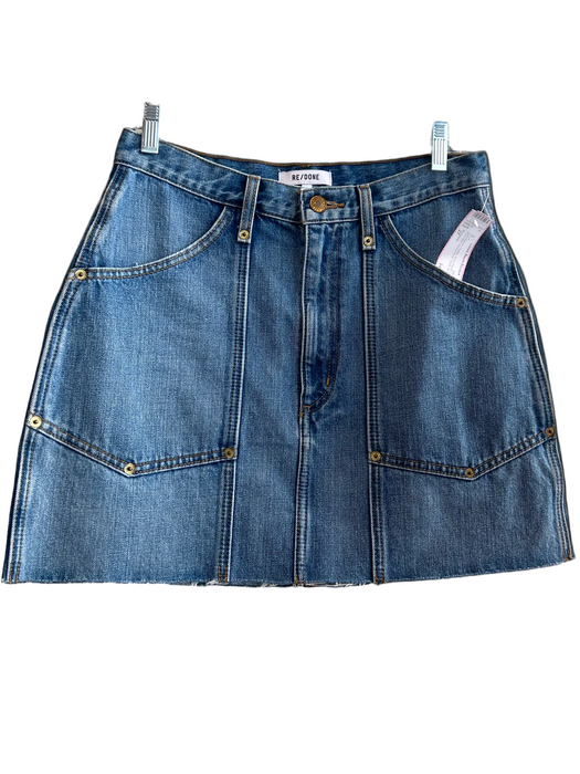 RE/DONE Size 27 Light Denim Cotton Front Pocket Zip Fly Raw Hem Above Knee Skirt Light Denim / 27