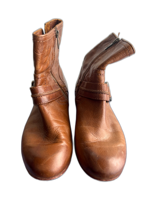 Frye Shoe Size 7.5 Burnt Brown Leather Side Zip Flat Bronze Hardware Booties Burnt Brown / 7.5