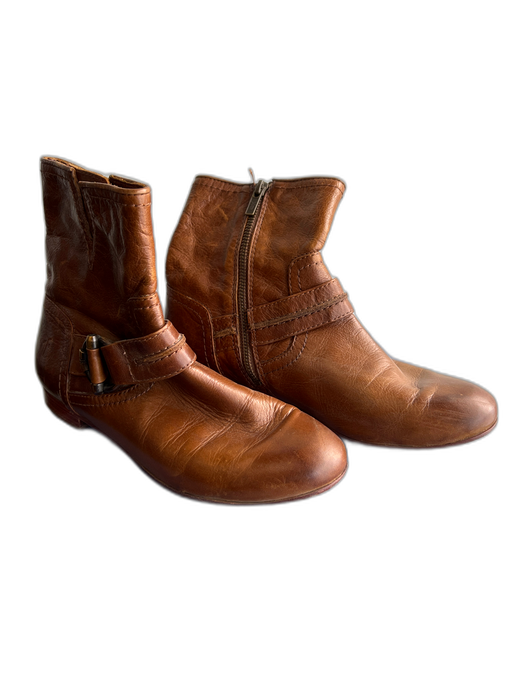 Frye Shoe Size 7.5 Burnt Brown Leather Side Zip Flat Bronze Hardware Booties Burnt Brown / 7.5