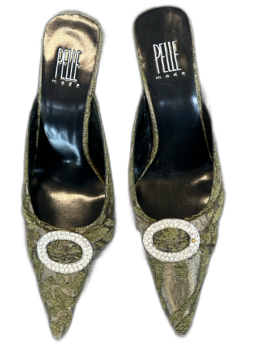 Pelle Moda Shoe Size 8 Green Canvas jaquard Rhinestone Pointed Toe Mules Green / 8