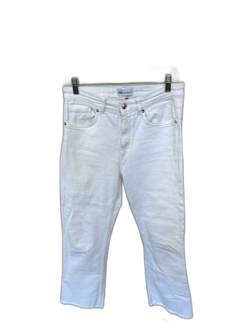Zara Size 8 White Cotton Blend High Waist Bootcut Cropped Raw Hem Jeans White / 8