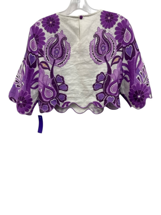 Farm Rio Size M/S Cream White & Purple Linen Short Sleeve Keyhole Back Skirt Set Cream White & Purple / M/S