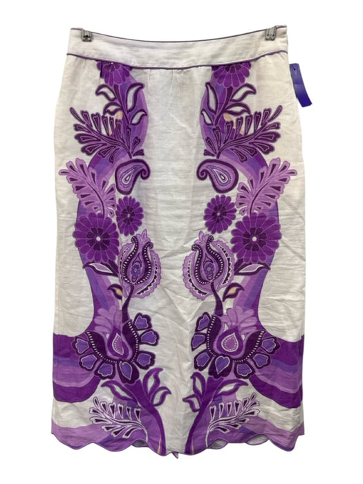 Farm Rio Size M/S Cream White & Purple Linen Short Sleeve Keyhole Back Skirt Set Cream White & Purple / M/S