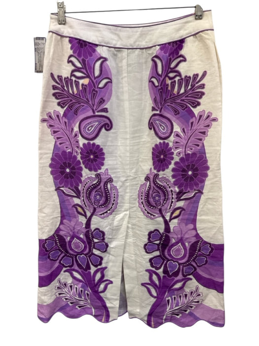 Farm Rio Size M/S Cream White & Purple Linen Short Sleeve Keyhole Back Skirt Set Cream White & Purple / M/S
