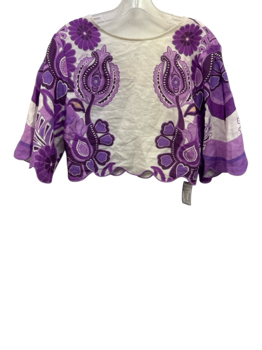 Farm Rio Size M/S Cream White & Purple Linen Short Sleeve Keyhole Back Skirt Set Cream White & Purple / M/S