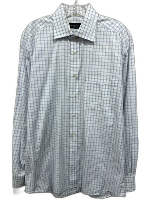 Canali Size 16.5 White & Blue Cotton Plaid Button Down Men's Long Sleeve Shirt White & Blue / 16.5