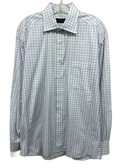 Canali Size 16.5 White & Blue Cotton Plaid Button Down Men's Long Sleeve Shirt White & Blue / 16.5