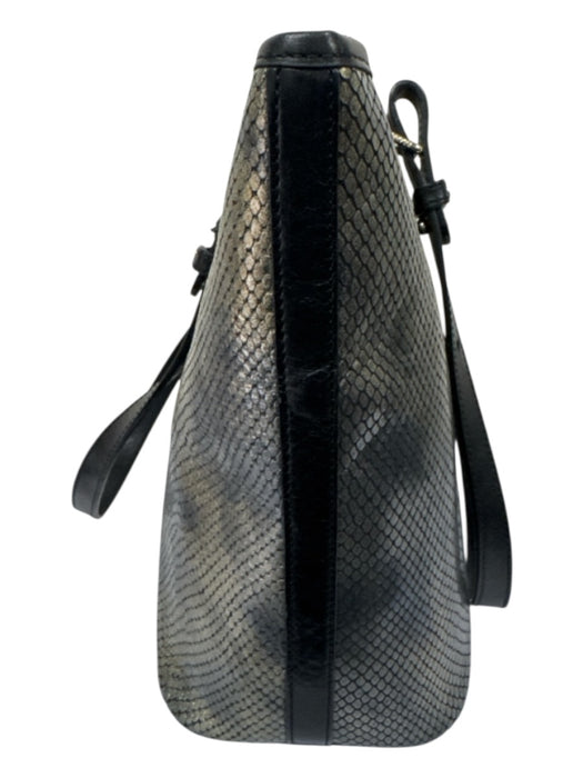 Brahmin Black & Gold Leather Snake Embossed Metallic Top Handle Zip Close Bag Black & Gold