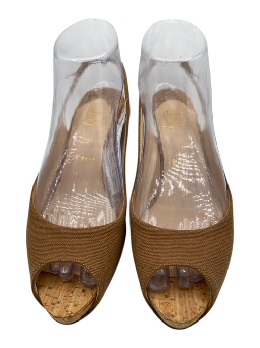 Christian Louboutin Shoe Size 38 Tan & beige Canvas & Cork Peep Toe Sandals Tan & beige / 38