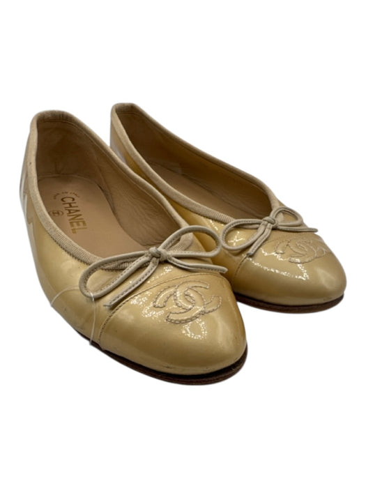 Chanel Shoe Size 36.5 Yellow Gold Leather Upper Patent Bow Detail Pump Flats Yellow Gold / 36.5