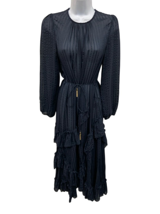 Zimmermann Size 0 Navy Blue Silk Blend Long Sleeve Seersucker Ruffles Maxi Dress Navy Blue / 0