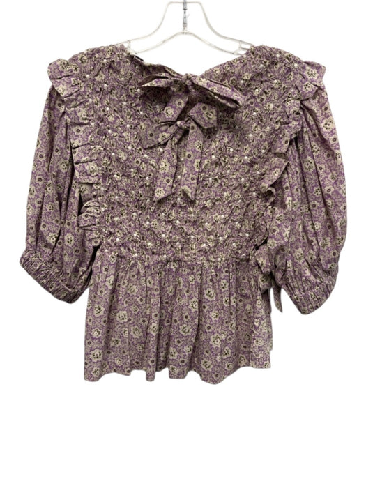 Sea New York Size XS Purple, Brown, White Cotton Half Puff Sleeve Floral Top Purple, Brown, White / XS