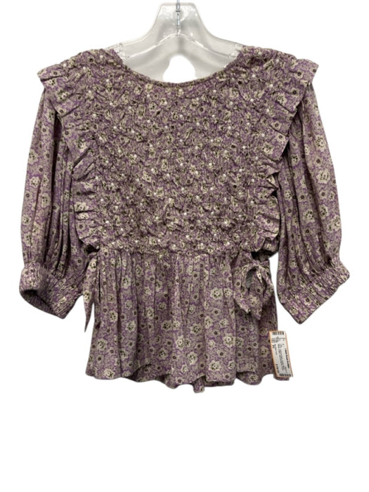 Sea New York Size XS Purple, Brown, White Cotton Half Puff Sleeve Floral Top Purple, Brown, White / XS