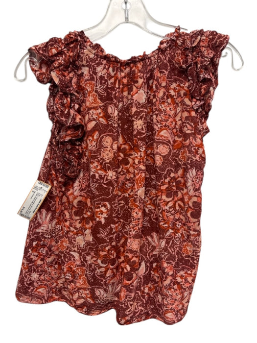 Ulla Johnson Size 0 Red, Pink, Orange Cotton Blend Ruffle Cap Sleeve Floral Top Red, Pink, Orange / 0