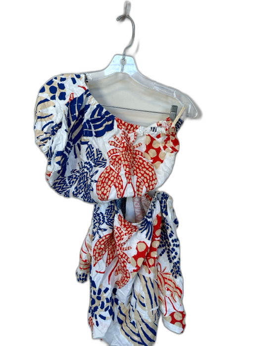 Farm Rio Size S Orange & navy Linen Blend One Shoulder Lobster Dress Orange & navy / S