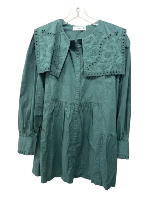 MNG Size 2 Green Cotton Blend Long Sleeve Floral Embroidery Button Front Dress Green / 2