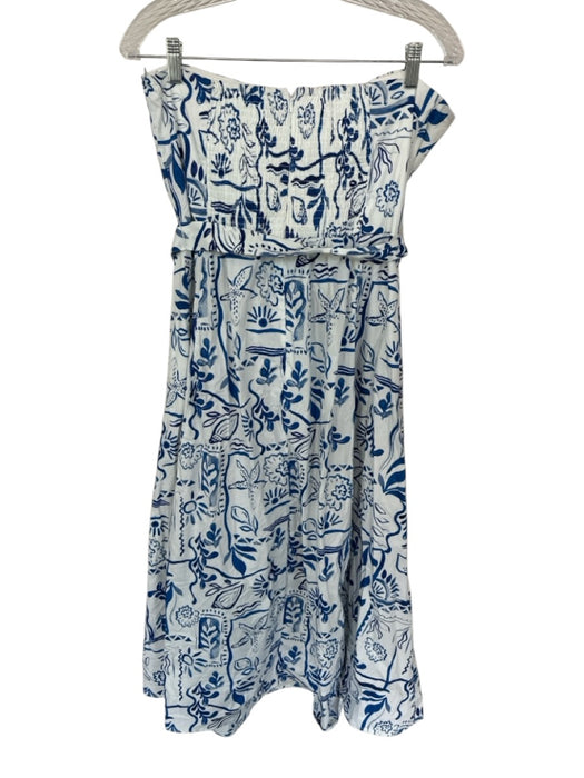Rachel Zoe Size 14 White & Navy Cotton Strapless Botanical Back Zip Belted Dress White & Navy / 14