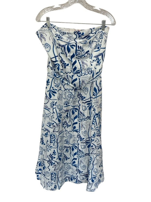 Rachel Zoe Size 14 White & Navy Cotton Strapless Botanical Back Zip Belted Dress White & Navy / 14