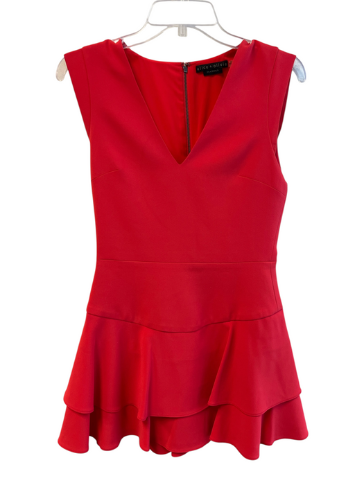 Alice + Olivia Size 2 Red Polyester V Neck Cap Sleeve Back Zip Tiered Dress Red / 2