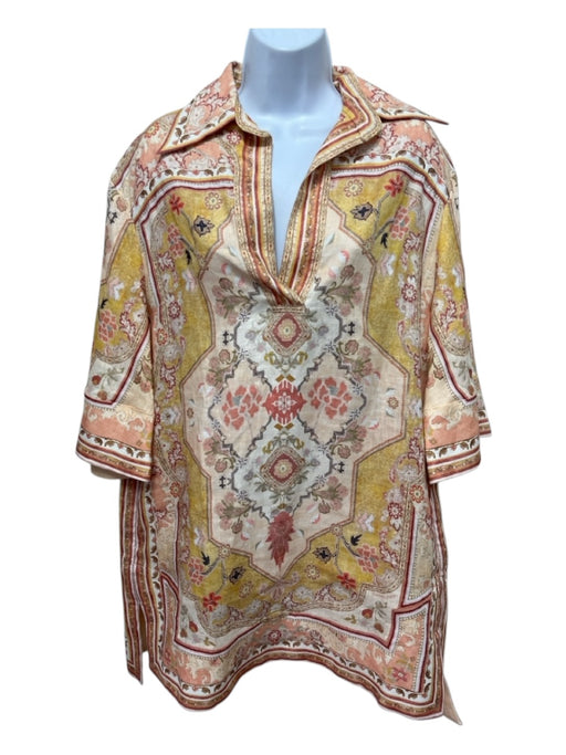 Zimmermann Size 1 Orange, Yellow, Green Linen Short Sleeve Floral Collar Dress Orange, Yellow, Green / 1