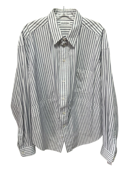Balenciaga Size 36 White & Navy Blue Cotton Long Sleeve Striped Button Front Top White & Navy Blue / 36