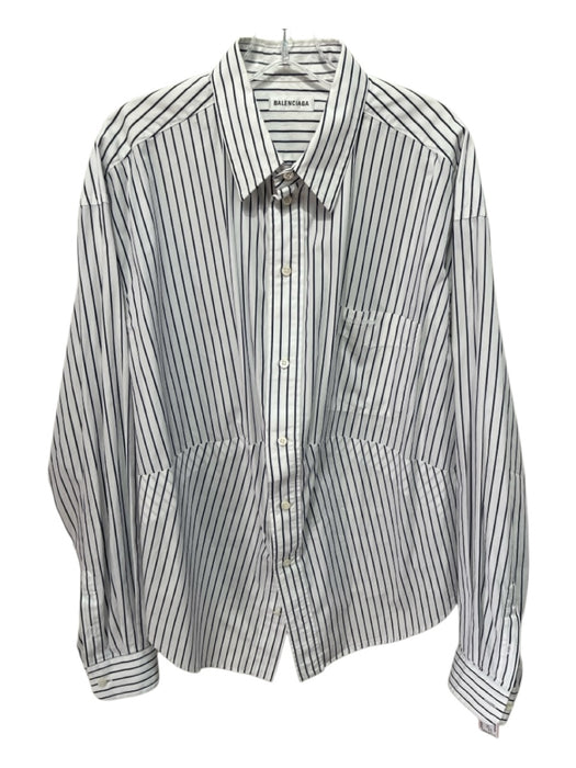 Balenciaga Size 36 White & Navy Blue Cotton Long Sleeve Striped Button Front Top White & Navy Blue / 36