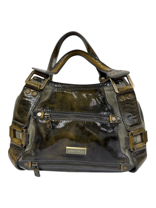 Jimmy Choo Green, Brown, Gray Leather Top Handles Color & Fabric Block Bag Green, Brown, Gray / Medium