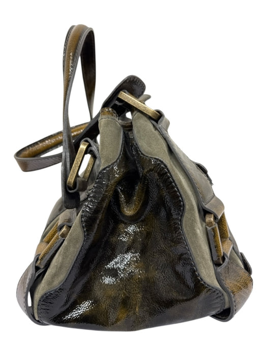 Jimmy Choo Green, Brown, Gray Leather Top Handles Color & Fabric Block Bag Green, Brown, Gray / Medium