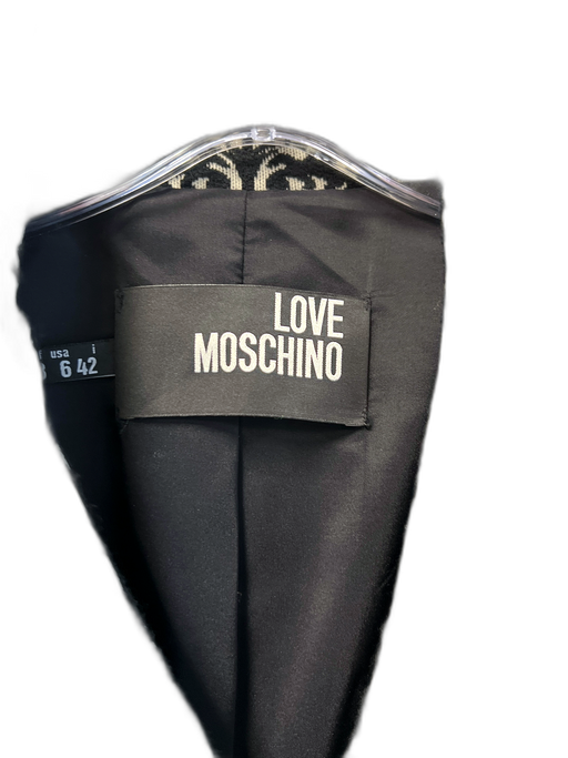 Love Moschino Size 6 Black & Cream Wool Blend Brocade All Over Print Tie Coat Black & Cream / 6