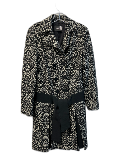 Love Moschino Size 6 Black & Cream Wool Blend Brocade All Over Print Tie Coat Black & Cream / 6