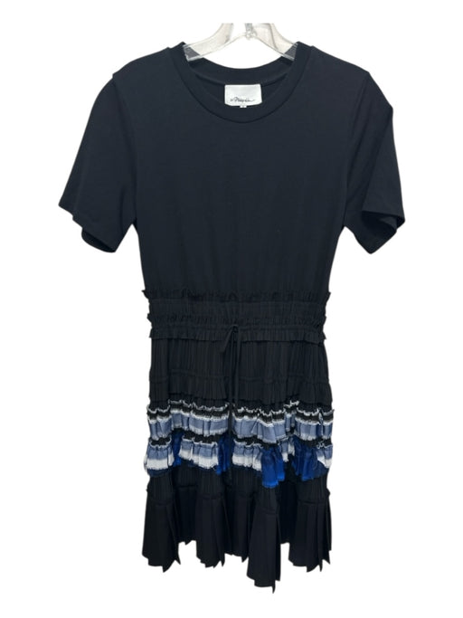 3.1 Phillip Lim Size xs / 2 Black & Blue Cotton Pleat Detail Short Sleeve Dress Black & Blue / xs / 2