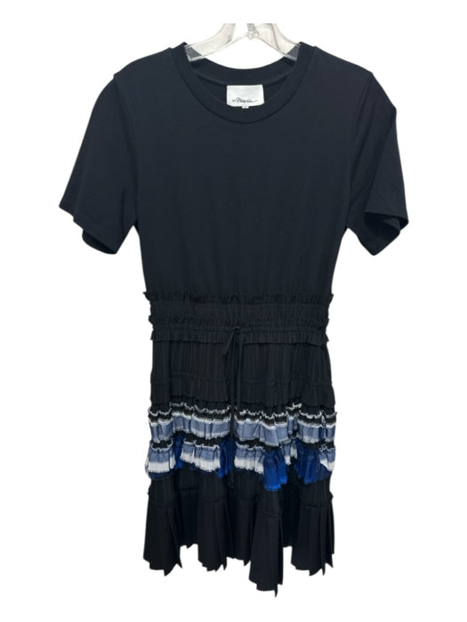 3.1 Phillip Lim Size xs / 2 Black & Blue Cotton Pleat Detail Short Sleeve Dress Black & Blue / xs / 2