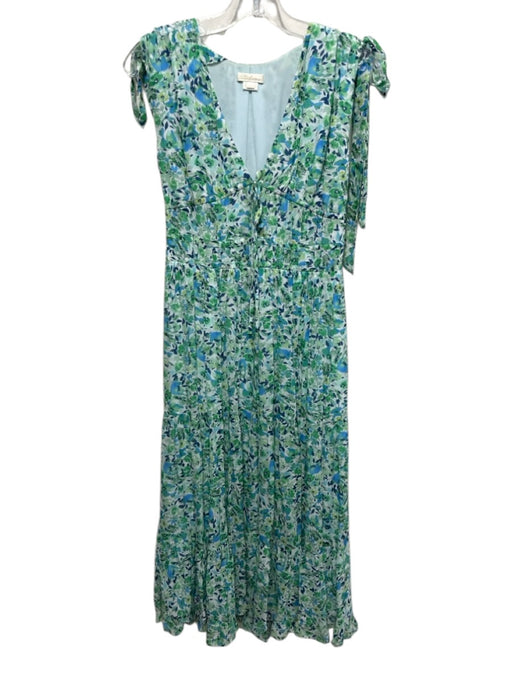 Shoshanna Size 4 Green & Blue Viscose Ruffle Cap Sleeve Floral Print Midi Dress Green & Blue / 4