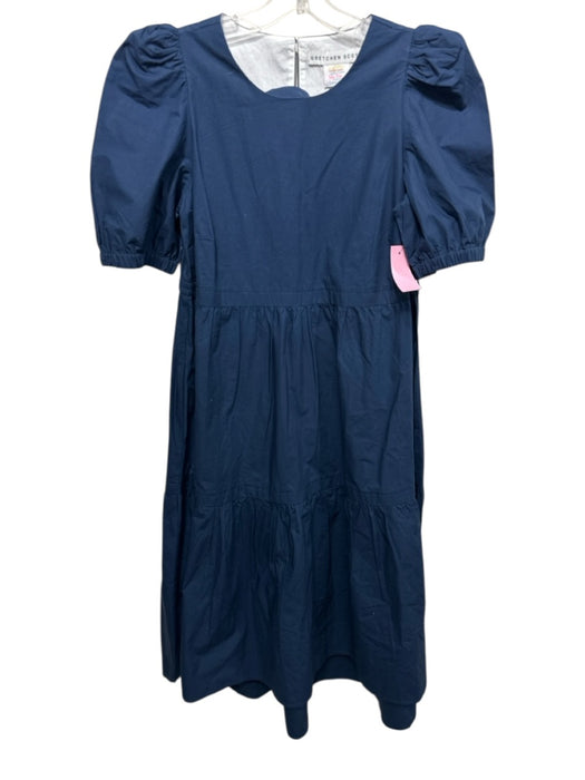 Gretchen Scott Size S Navy Blue Cotton Short Puff Sleeve Tiered Round Neck Dress Navy Blue / S