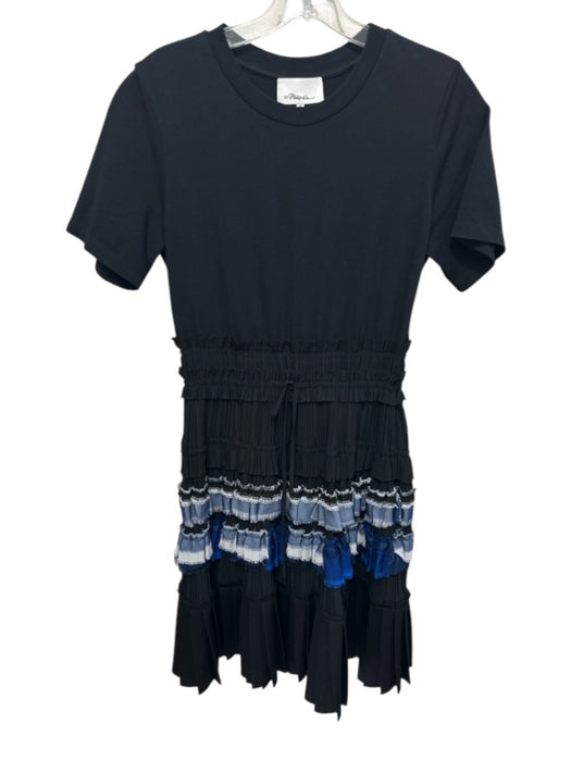 3.1 Phillip Lim Size xs / 2 Black & Blue Cotton Pleat Detail Short Sleeve Dress Black & Blue / xs / 2